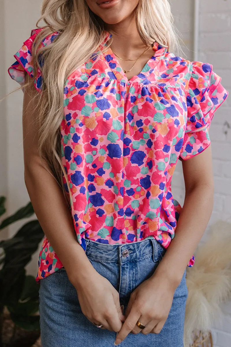 Everyday Abstract Print Ruffled V-Neck Blouse