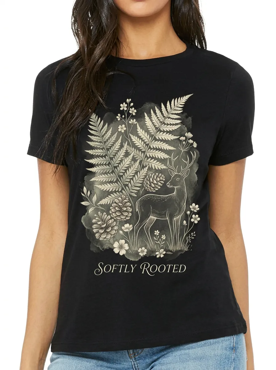 Women's Nature Lover Softly Rooted Deer Fern Pinecone Printed T-shirt