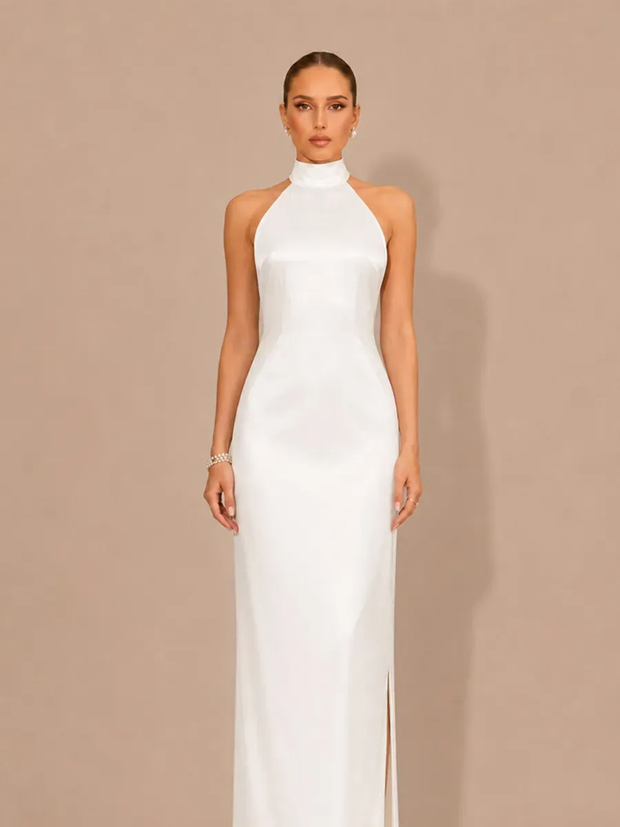 Selene Halter-Neck Beaded-Back Maxi Dress
