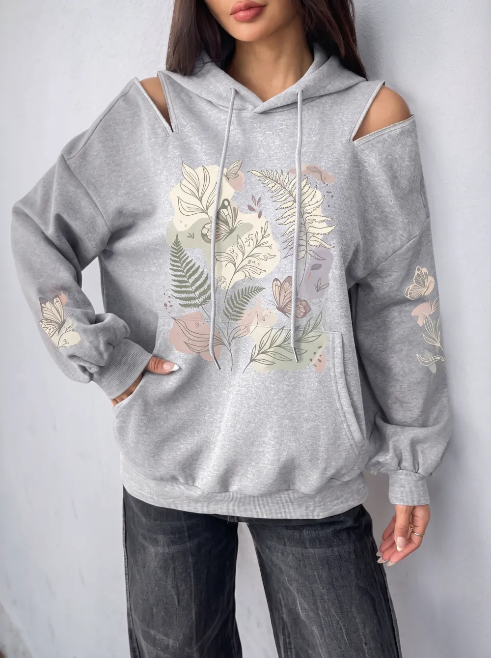 Women's Butterfly Fern Botanical Printed Cold Shoulder Hoodie