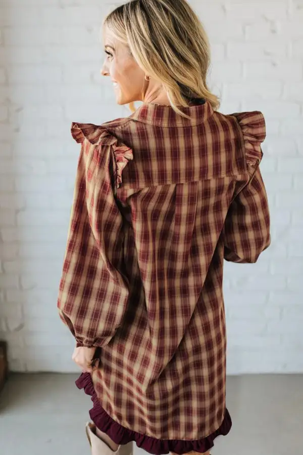 Gathered Detail Plaid Patchwork Ruffle Mini Dress
