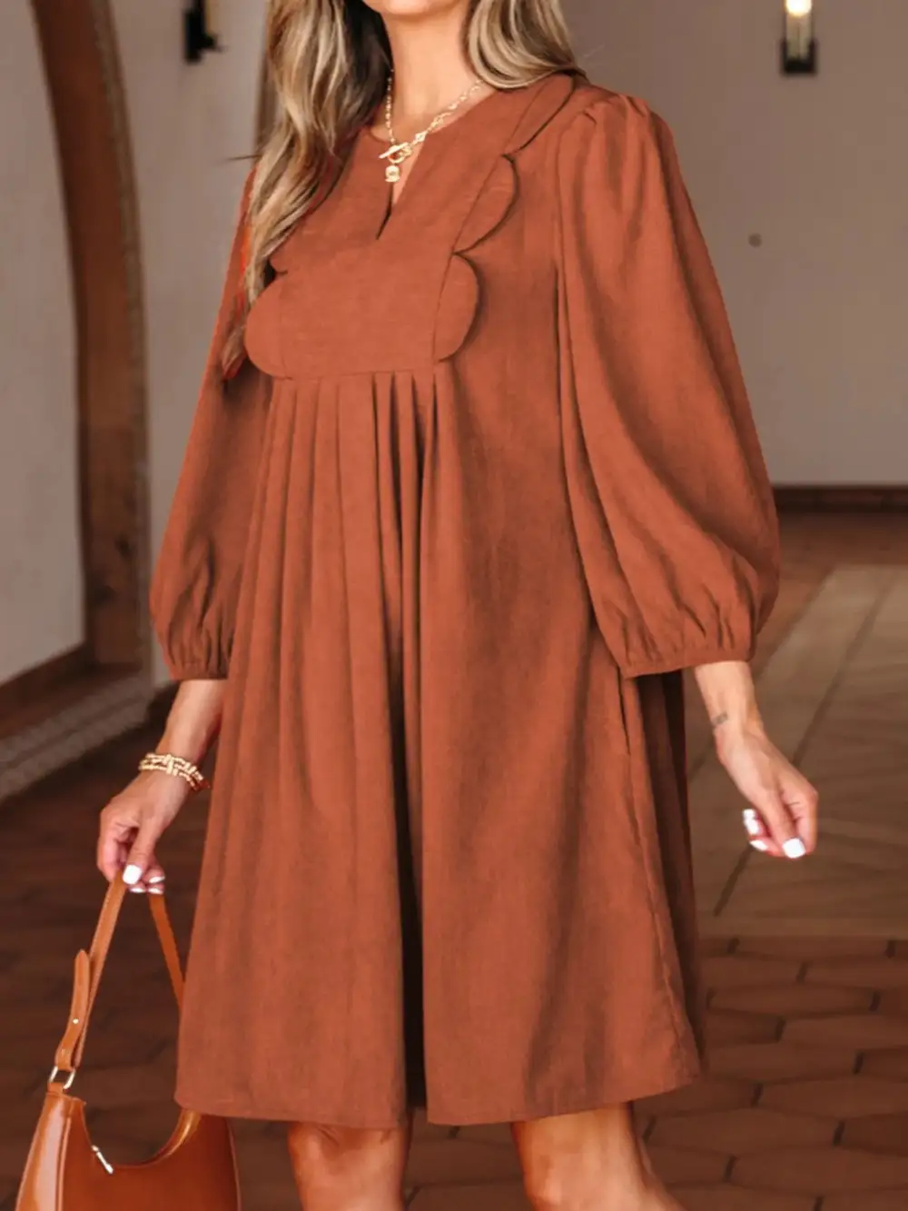 Corduroy Split Neck Mini Dress