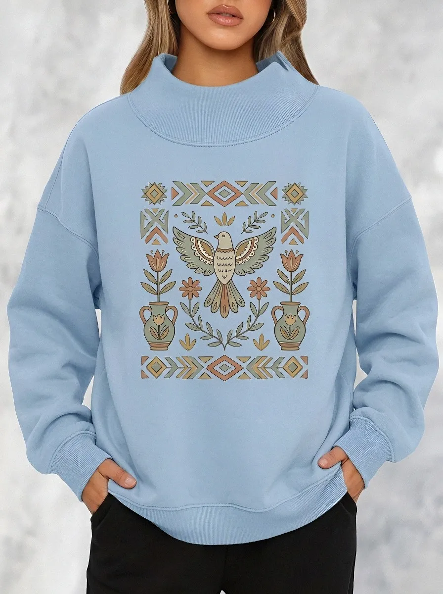 Women's Boho Folk Art Bird Floral Printed Sweatshirt
