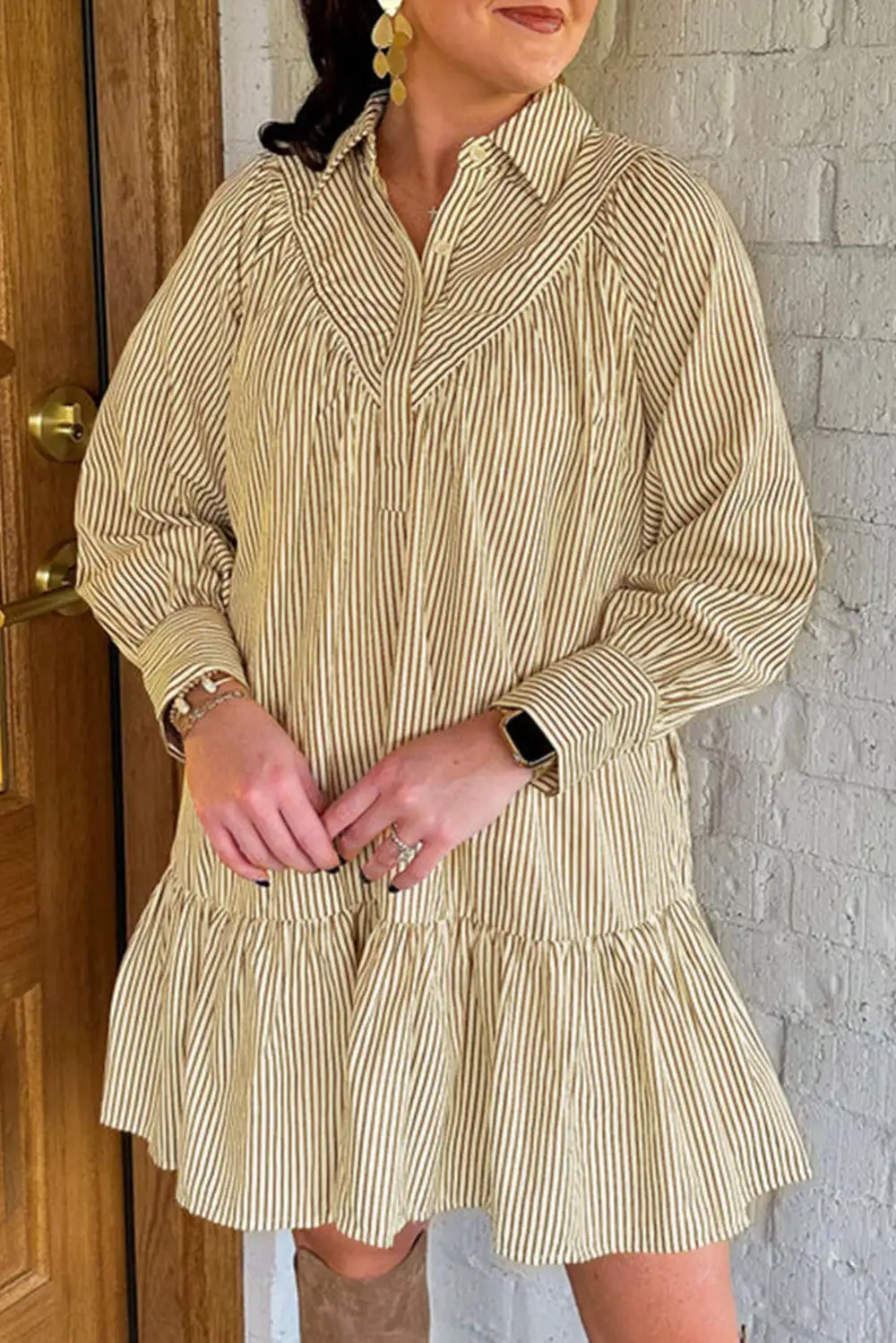 Smooth Finish Striped Long Sleeve Collared Mini Dress