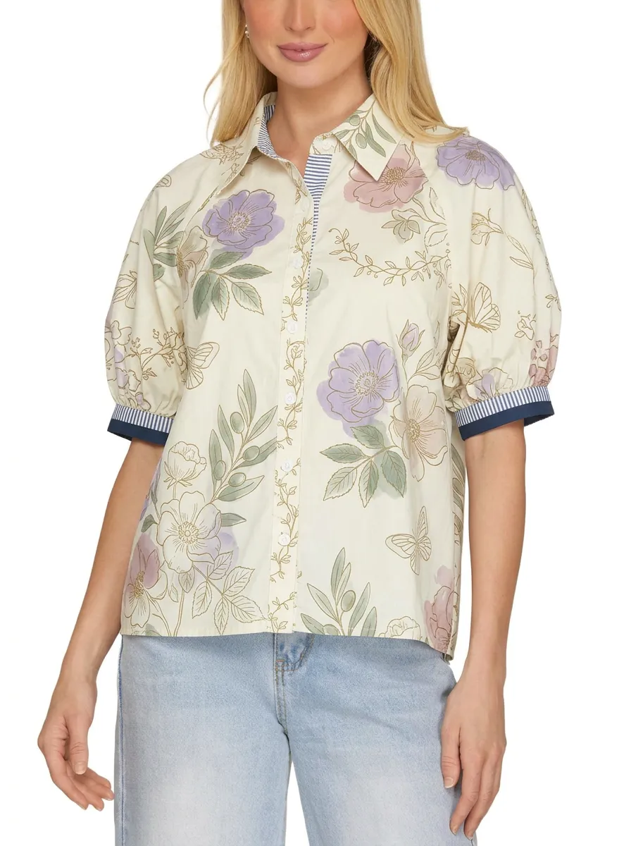 Women's Floral Butterfly Botanical Printed Puff Sleeve Shirt