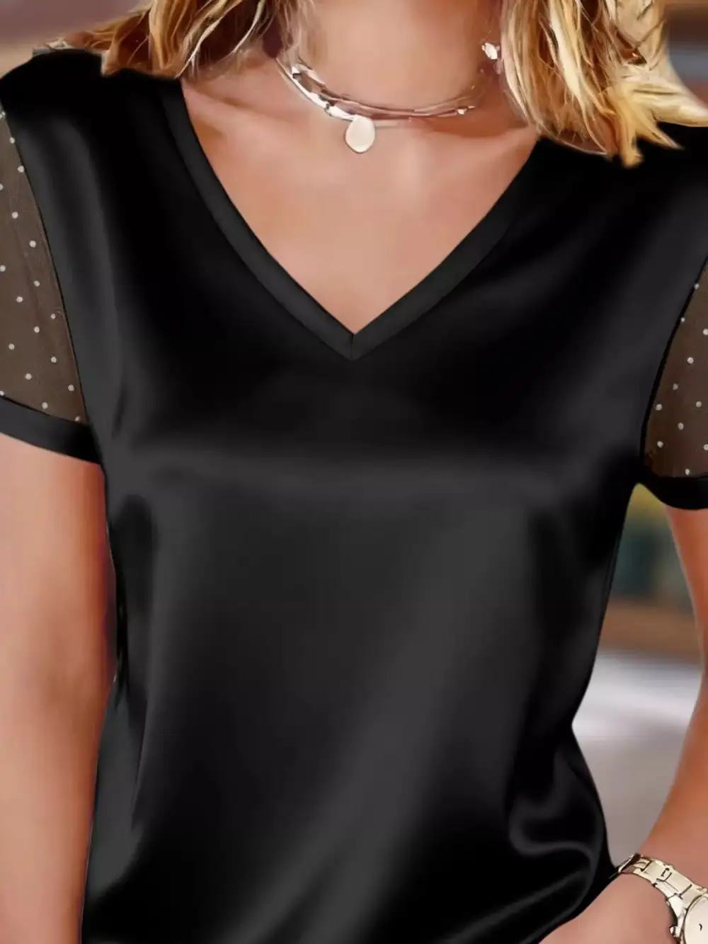 Sheer Sleeve V Neck Top