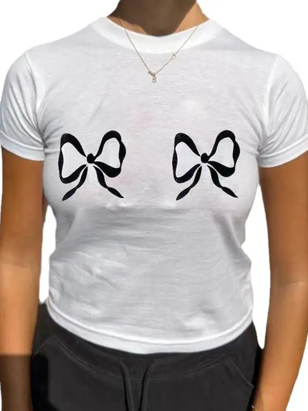 Refined Round-Neck Short-Sleeve Bow-Detail Knit T-Shirt