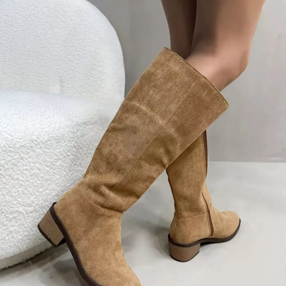 Pleated Round Toe Block Heels Boots