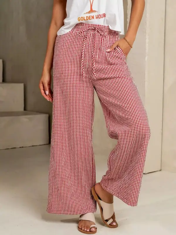 Wide Leg Gingham Drawstring Pocketed Pants