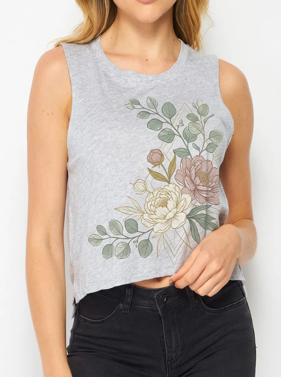 Women's Floral Botanical Geometric Printed Crop Tank Top