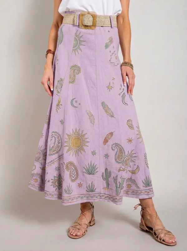 Women's Boho Celestial Cactus Paisley Printed Midi Skirt