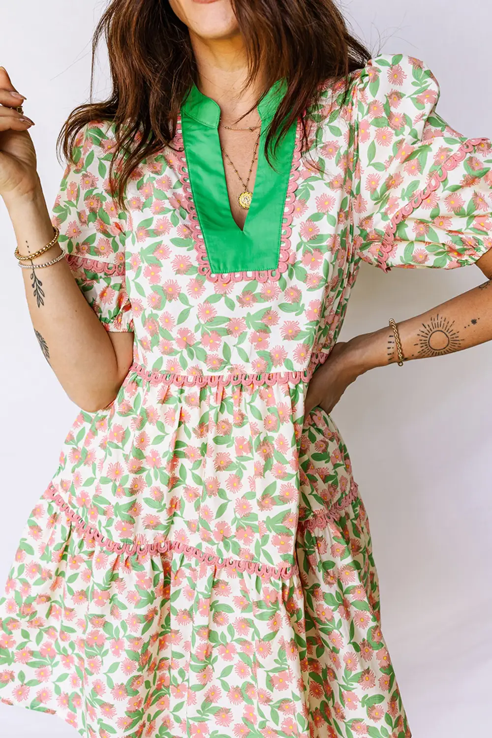 Floral Contrast Trim Puff Sleeve Mini Dress