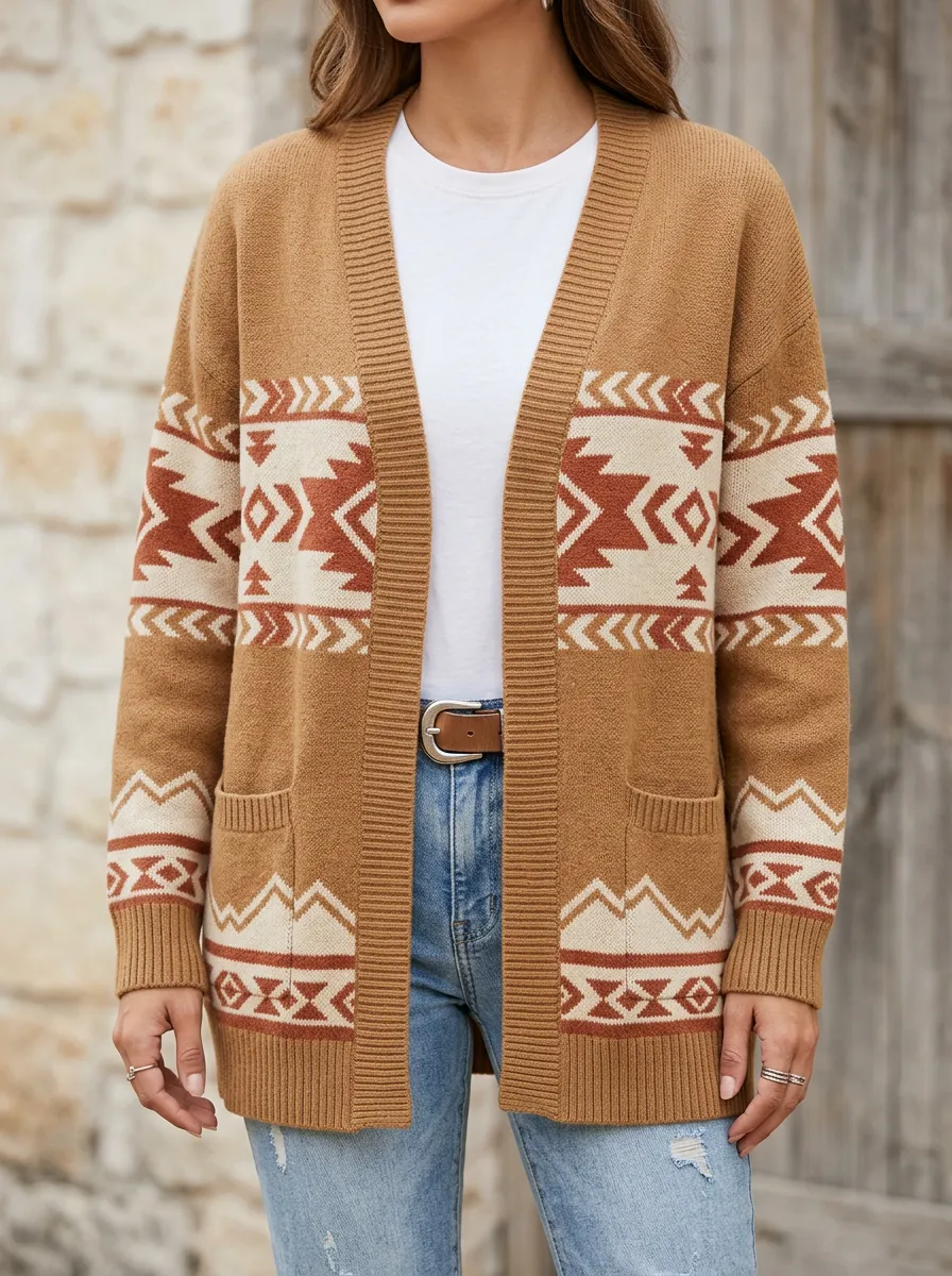 Women's Western Style Geometric Pattern Printed Cardigan Sweater