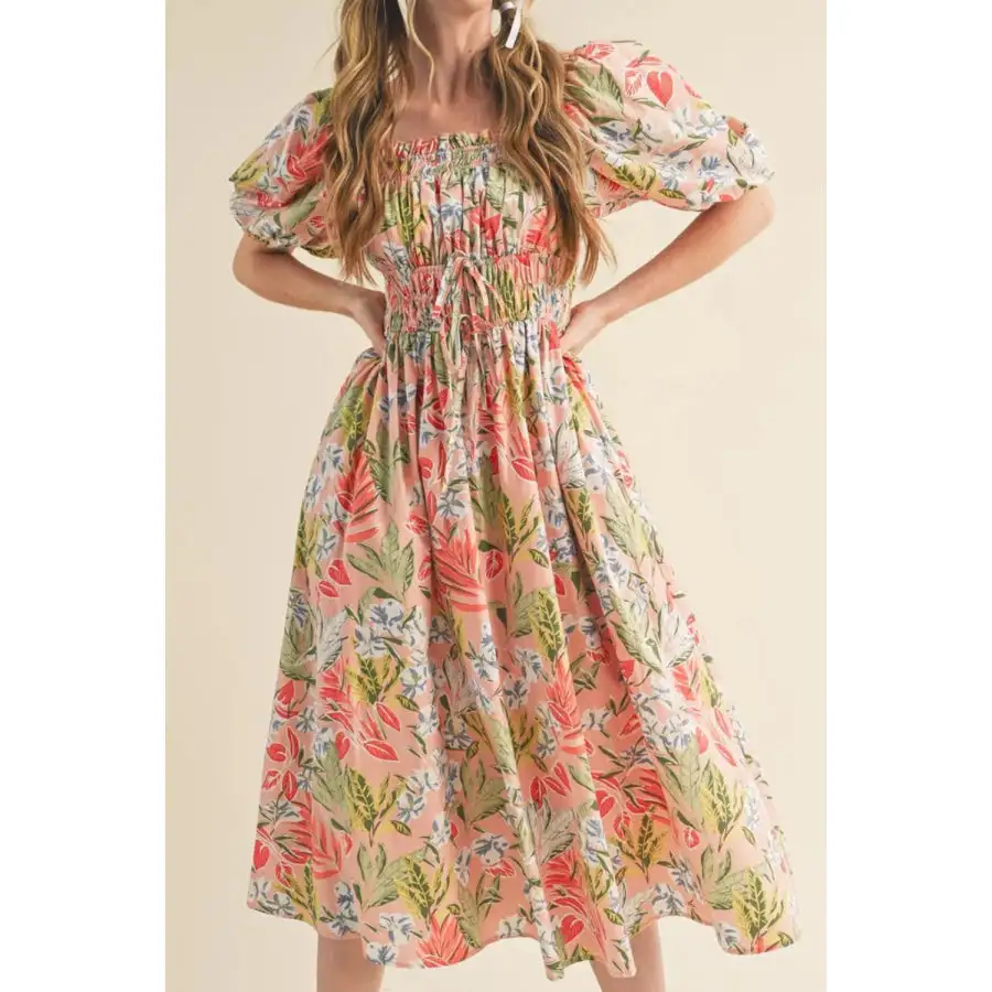 Smocked Square Neck Puff Short Sleeve Midi Dress