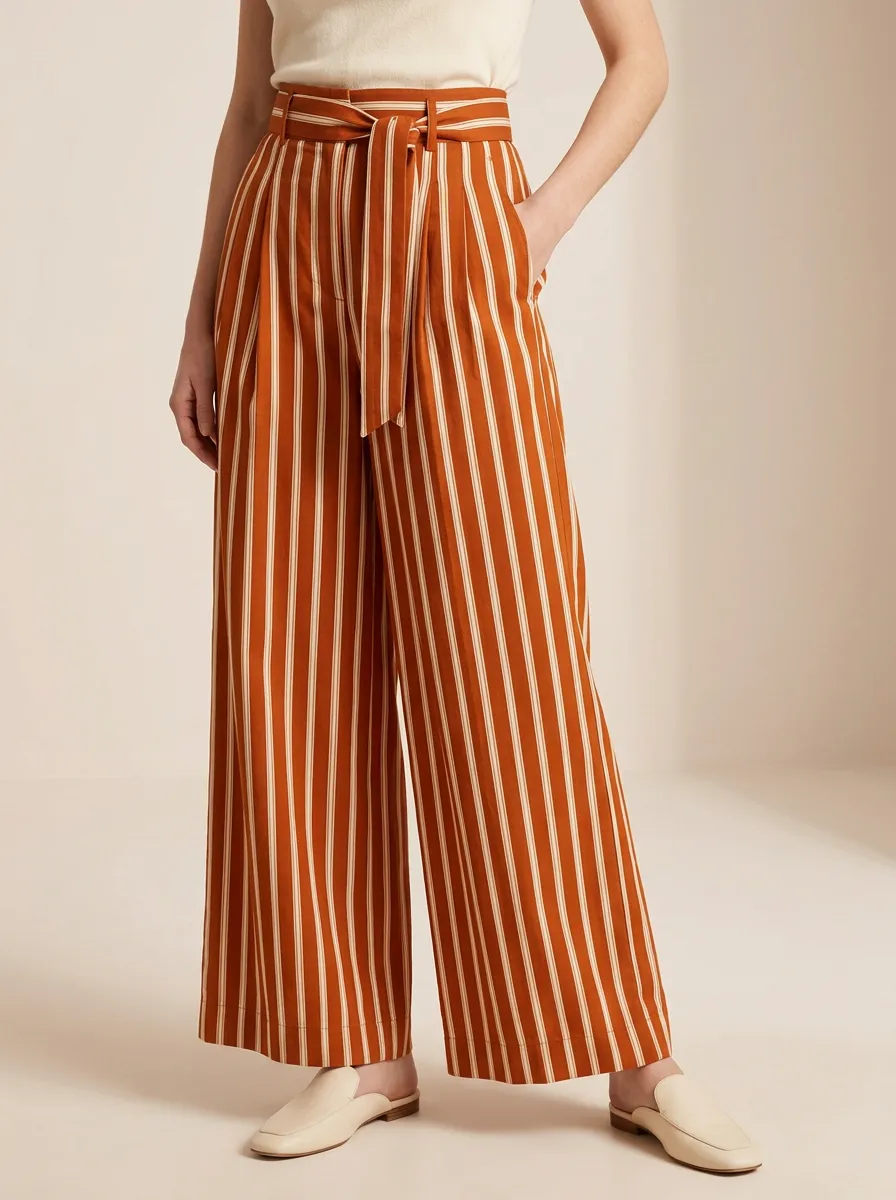 Women's Casual Summer Style Orange Striped Printed Wide Leg Pants