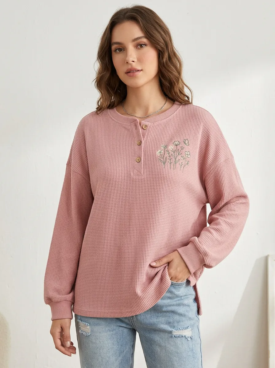 Women's Floral Lover Pink Waffle Knit Printed Henley Top