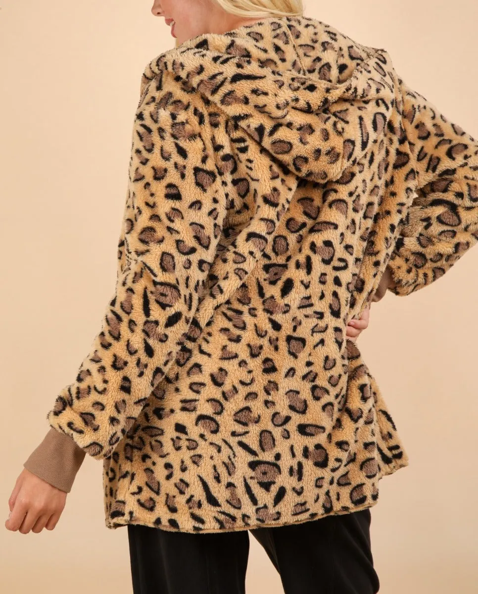Hooded Cotton Leopard-Print Pocketed Cardigan