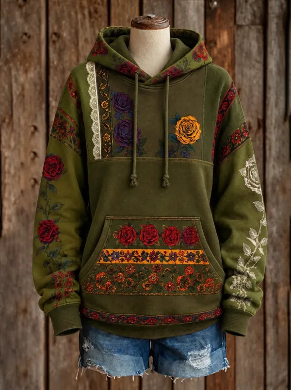 Women's Western Boho Rose Floral Patchwork Printed Hoodie