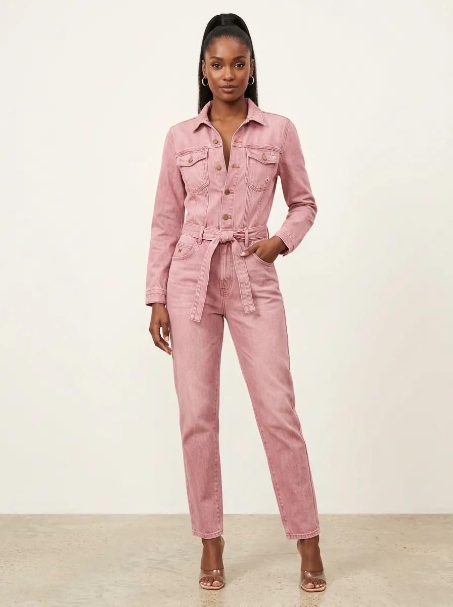 Pink Long-Sleeve Belted Denim Jumpsuit