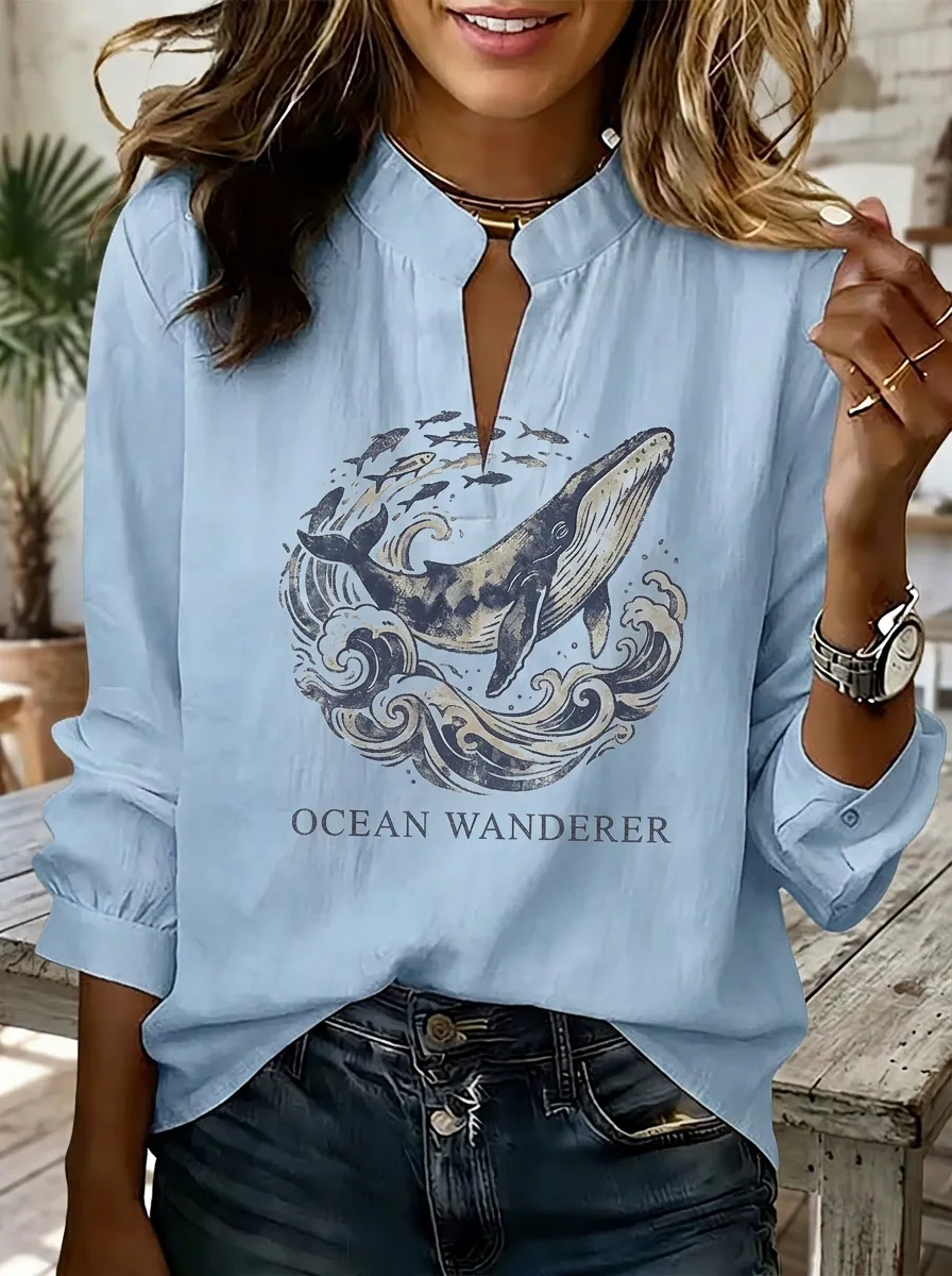 Women's Ocean Lover Whale Waves Printed V-neck Top