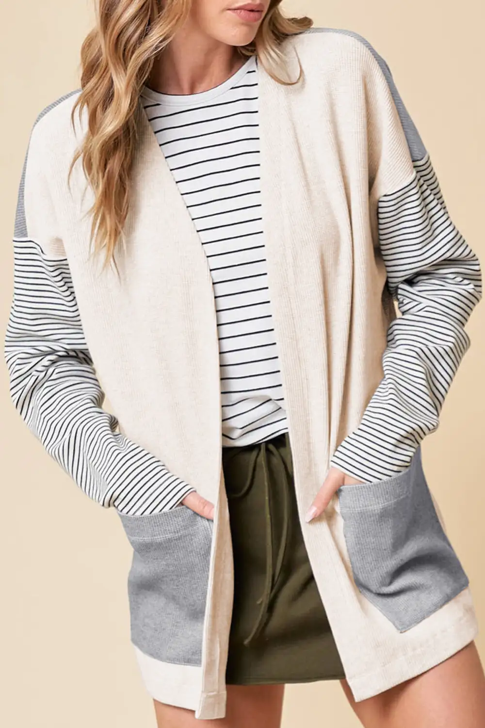 Color Block Patchwork Open Front Pocketed Cardigan