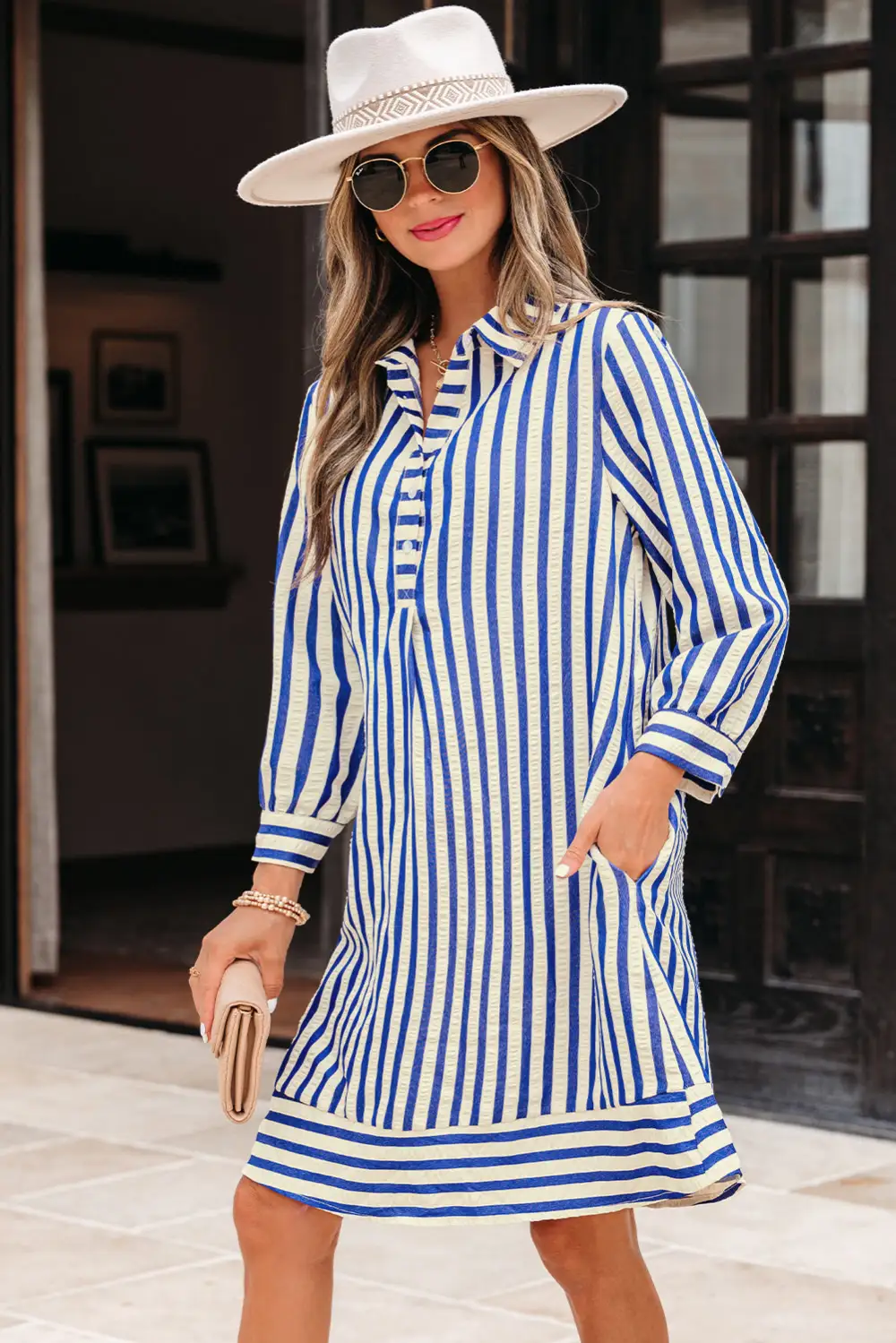 Striped Half Button Pocketed Mini Dress