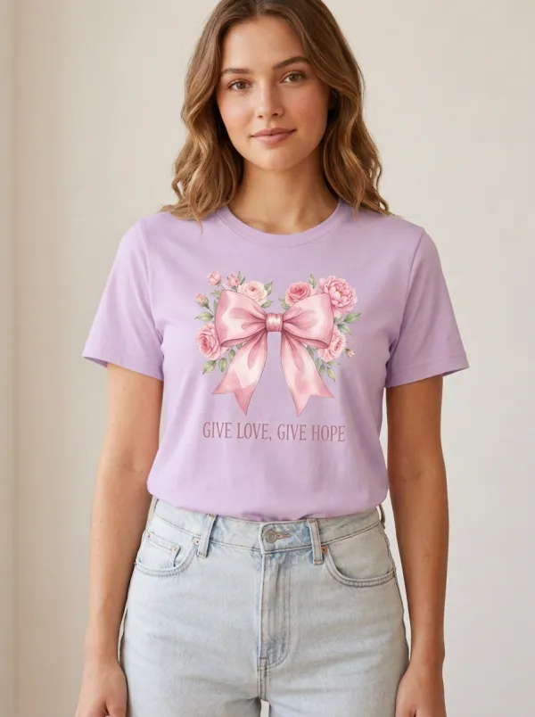 Women's Breast Cancer Awareness Floral Bow Printed T-shirt