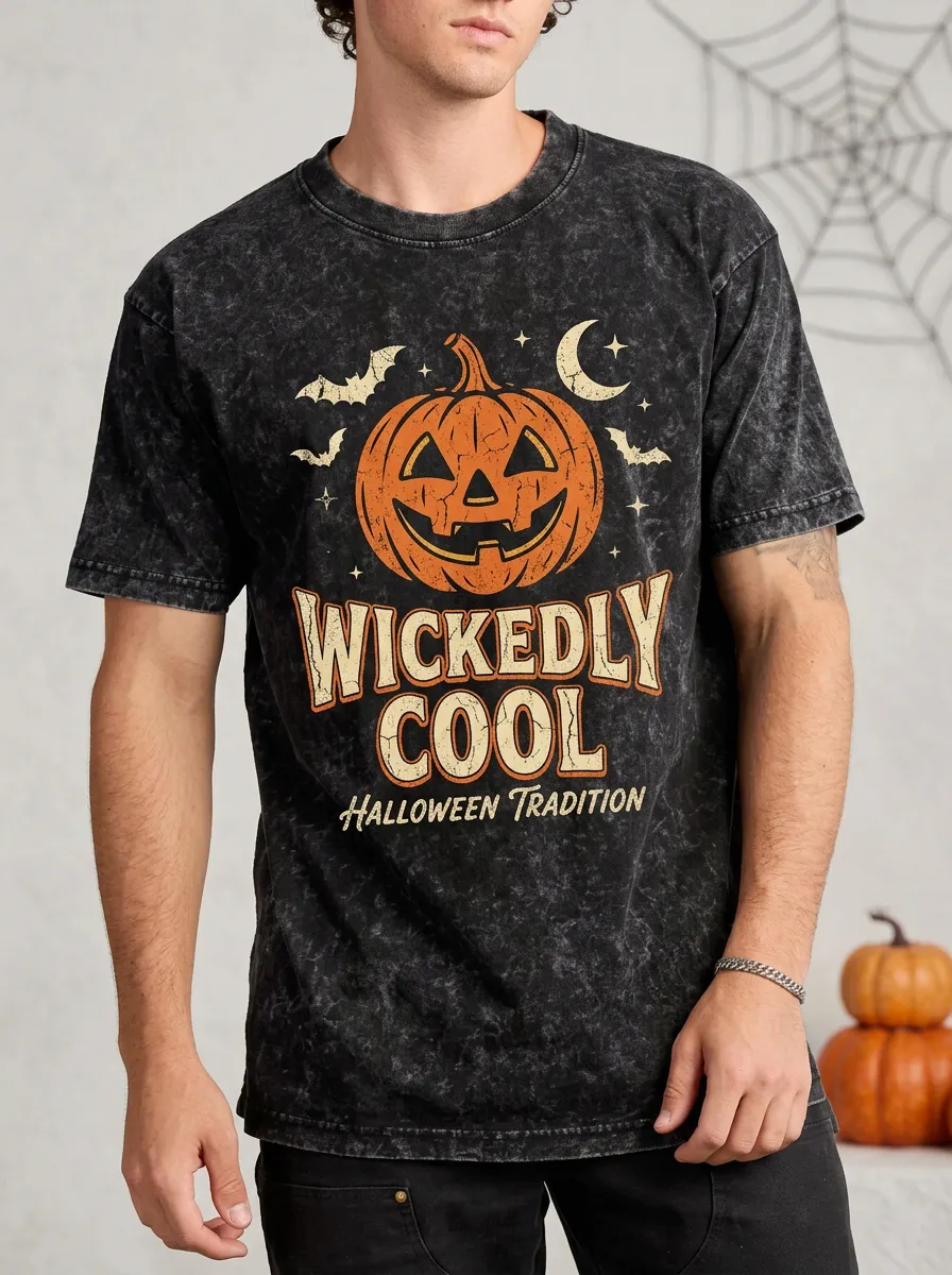Men's Halloween Pumpkin Bat Wicked Cool Printed T-shirt