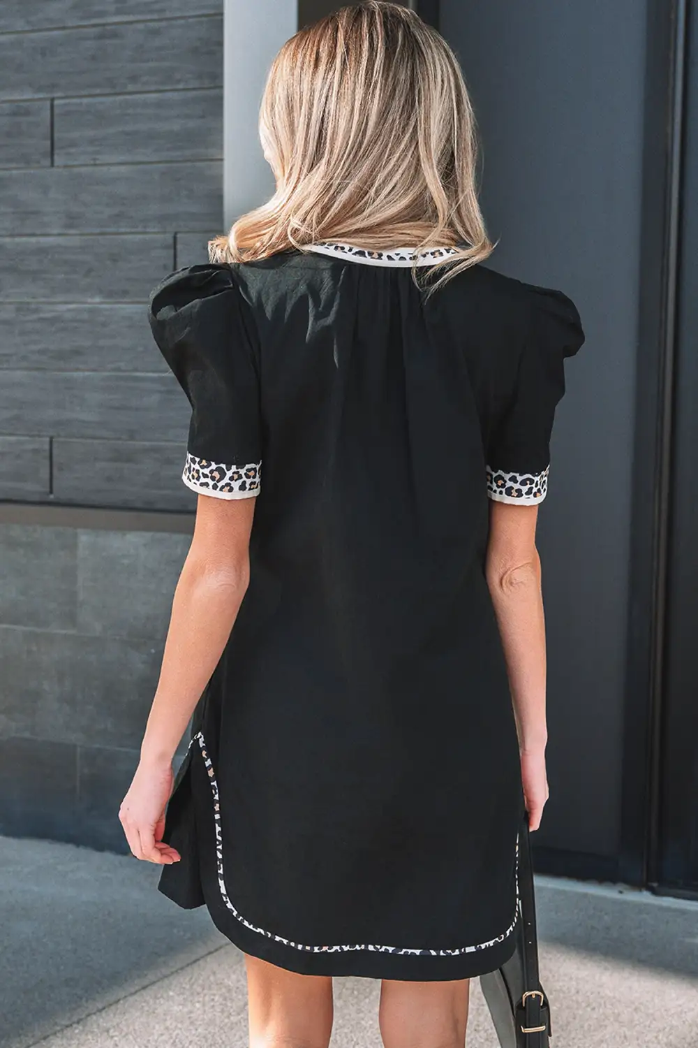 Finish Animal Print Split Neck Puff Sleeve Mini Dress