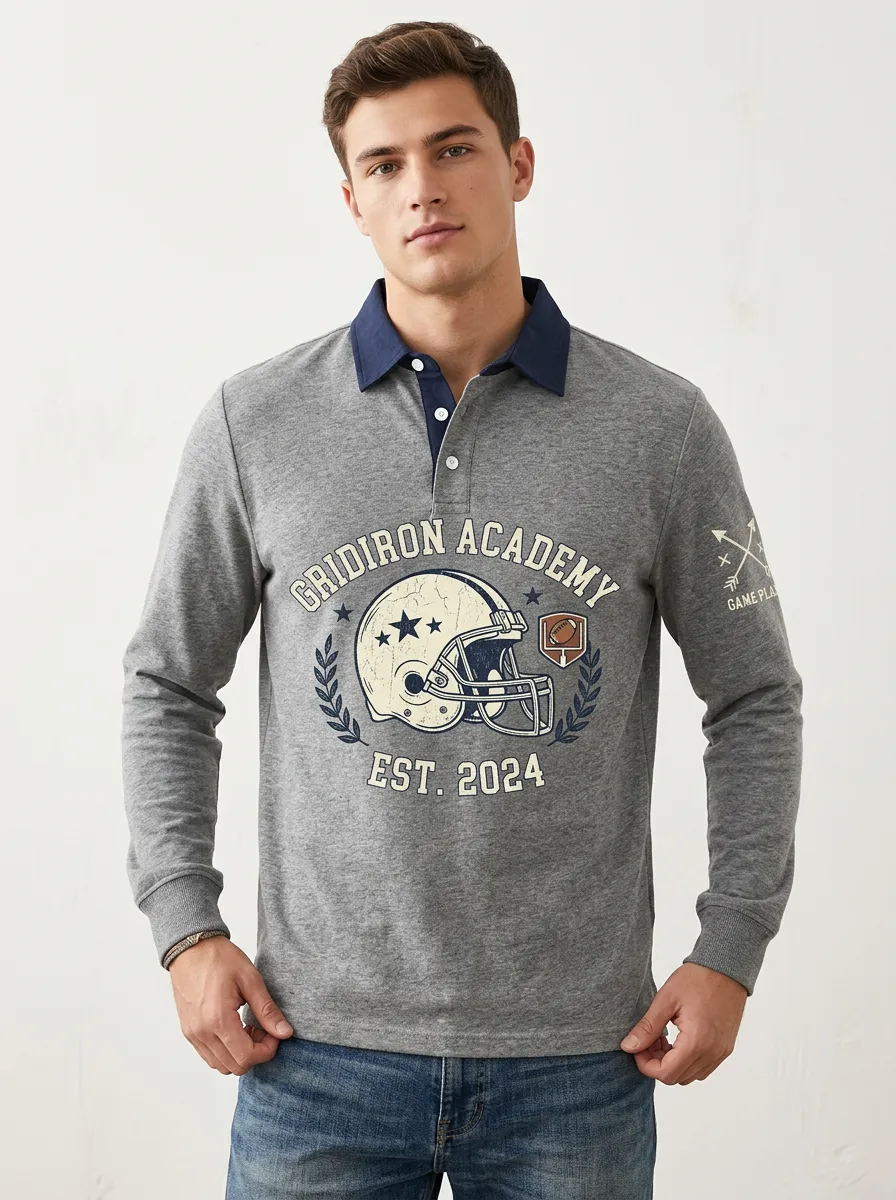 Men's Football Fan Gridiron Academy Helmet Graphic Long Sleeve Polo Shirt