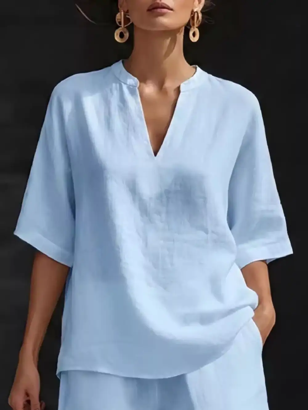 Notched Half Sleeve Top Shorts Set Plus