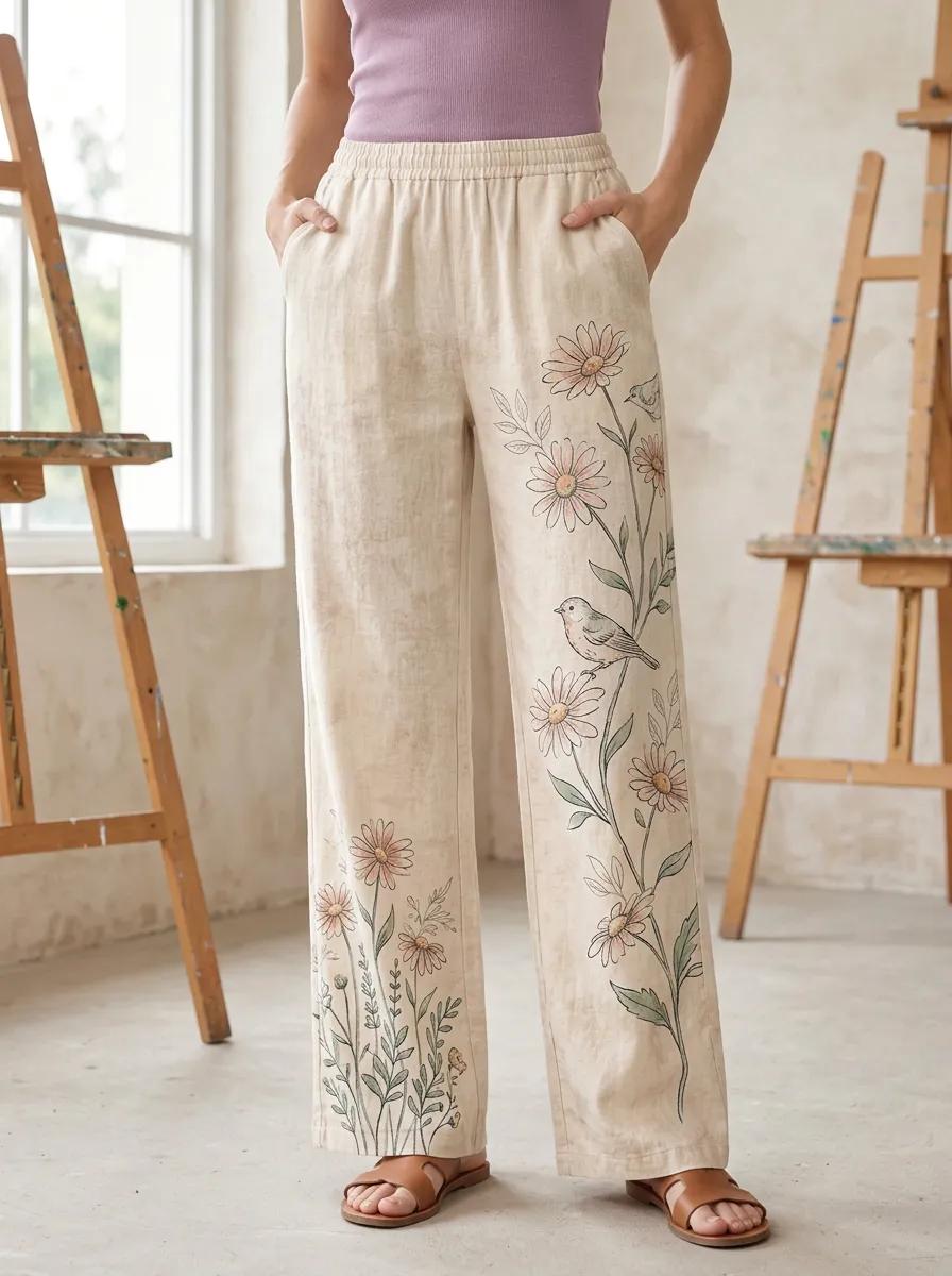 Women's Nature Lover Daisy Bird Printed Linen Pants