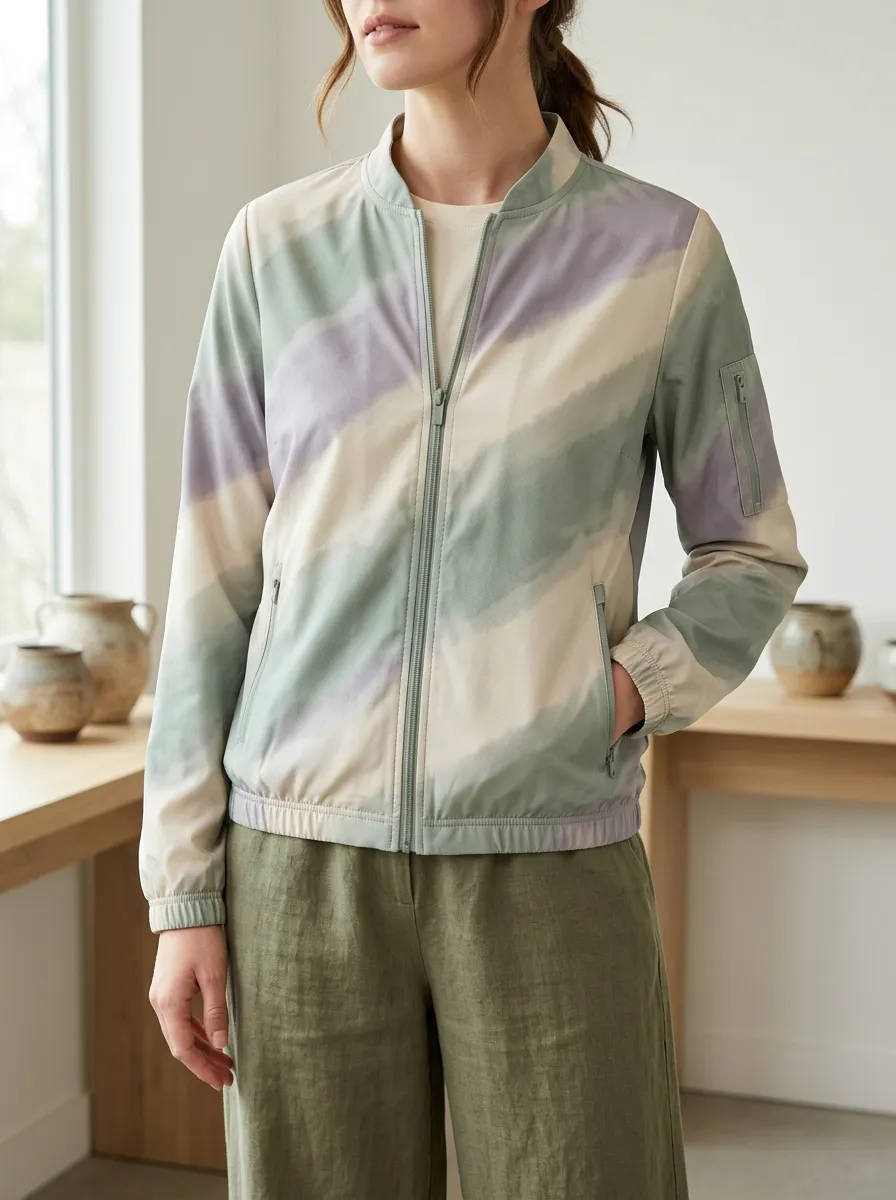 Women's Pastel Tie-Dye Diagonal Stripe Printed Bomber Jacket