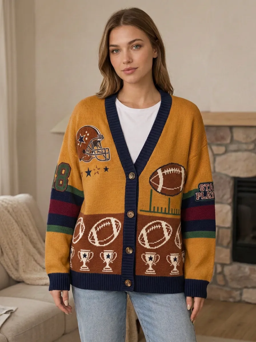 Women's Traditional Gridiron Helmet Trophy Ball Knit Cardigan