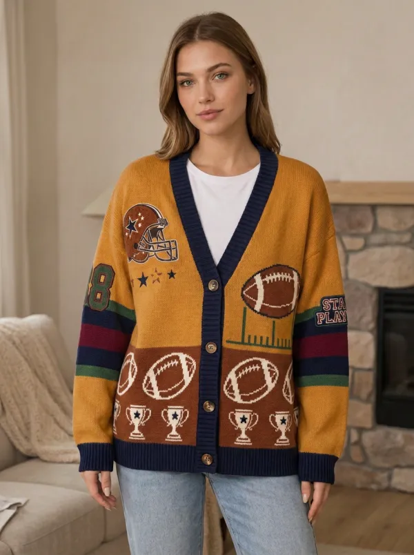 Women's Traditional Gridiron Helmet Trophy Ball Knit Cardigan