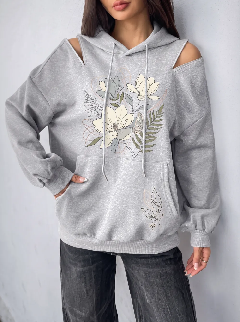 Women's Floral Botanical Art Printed Cold Shoulder Hoodie