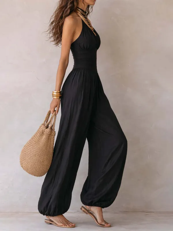 Bohemian Halter Keyhole Balloon-Leg Jumpsuit