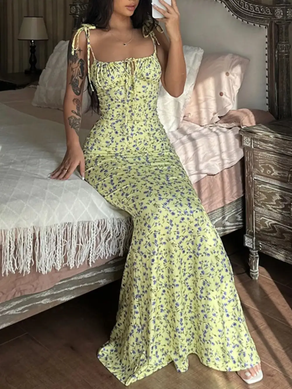 Relaxed Floral Print Tie Strap Bodycon Maxi Dress
