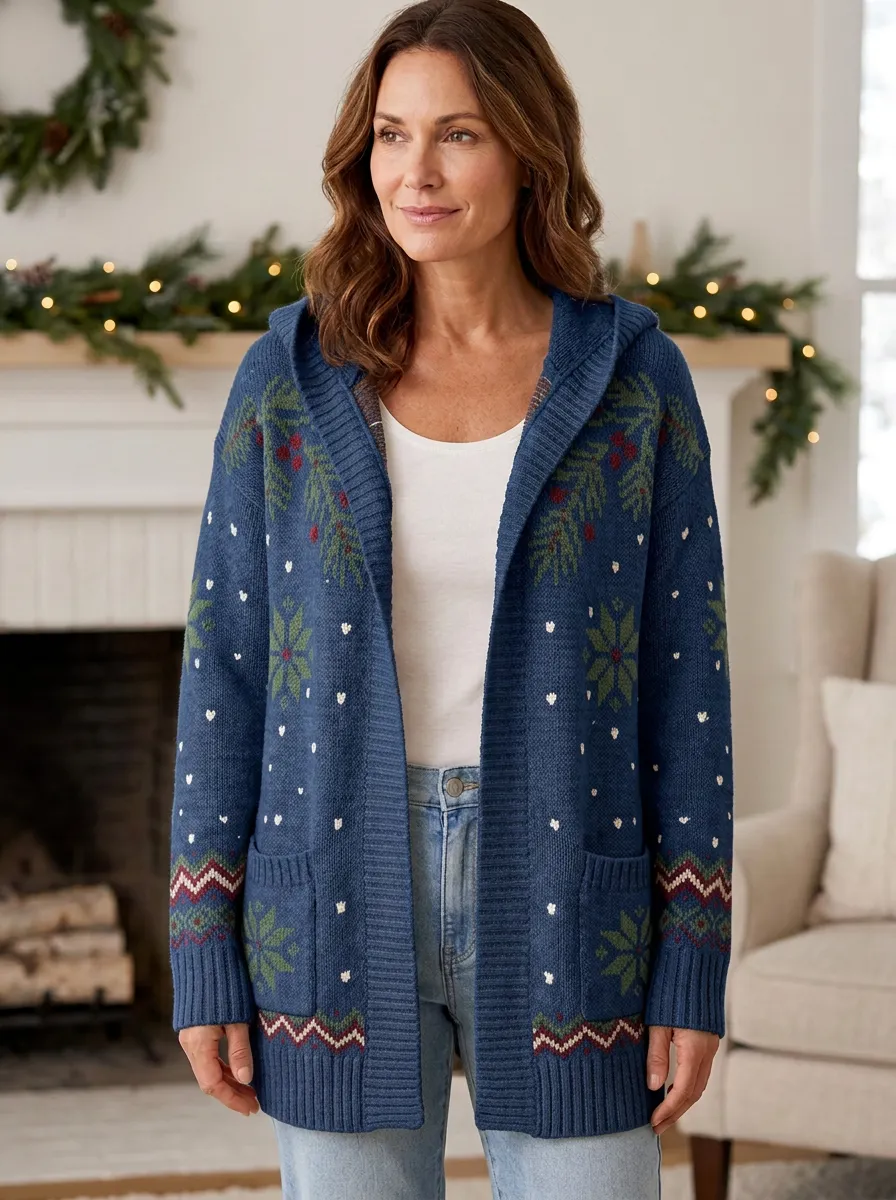 Christmas Snowflake Pine Pattern Print Hooded Cardigan
