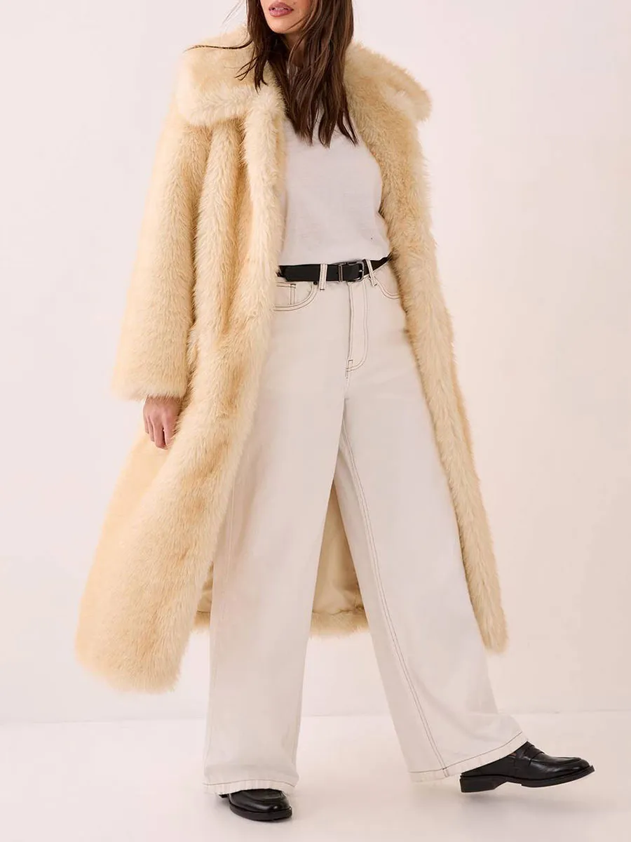 Women's Stylish Cream Fuzzy Long Coat