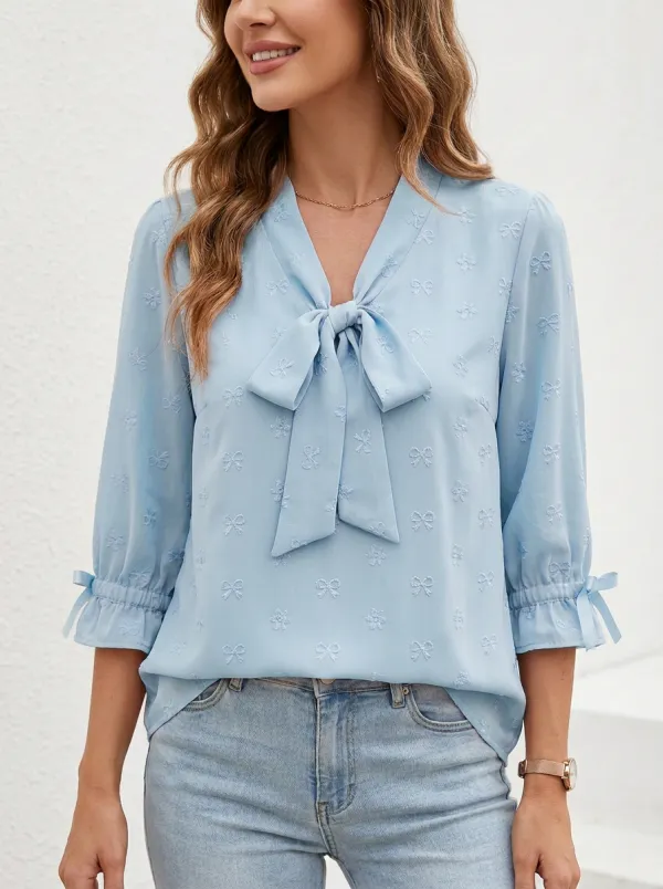 Women's Pink Bowknot Aesthetic Embroidered Printed Blouse