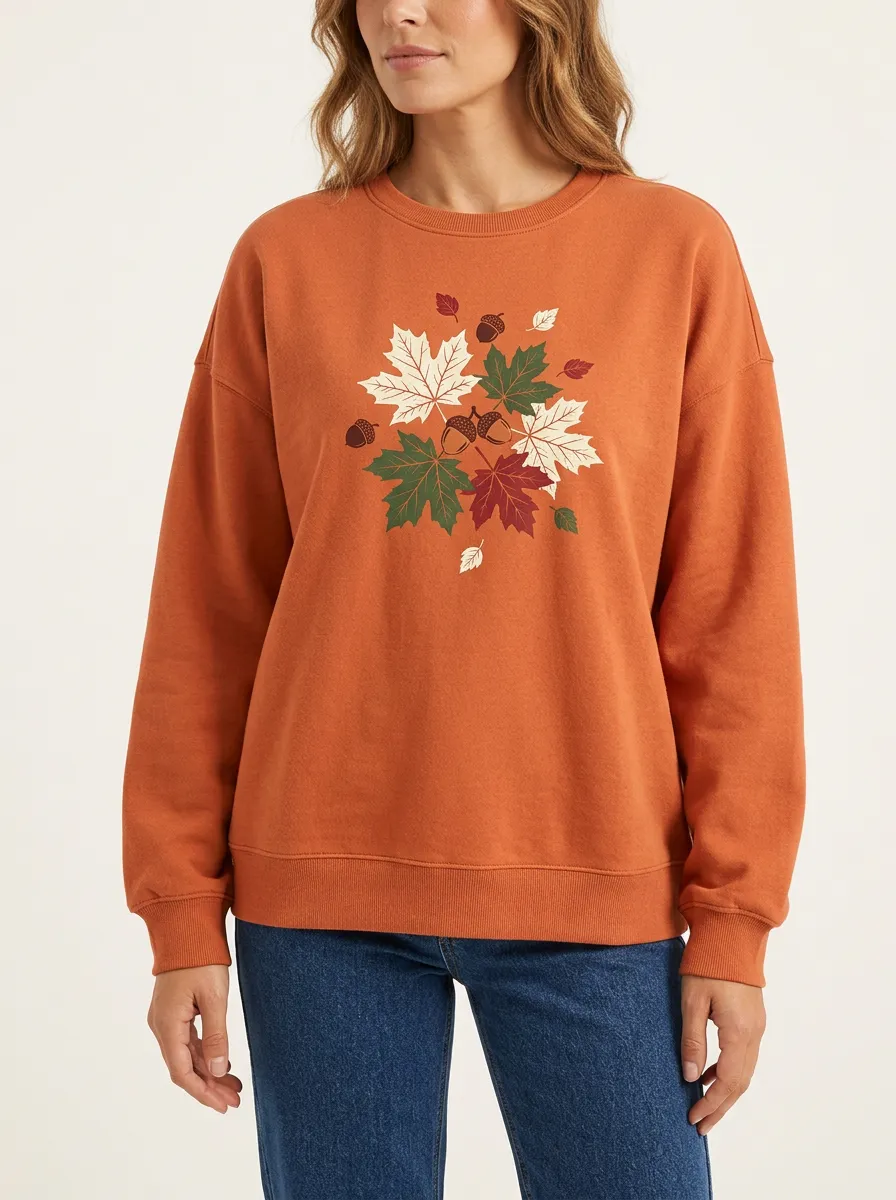Layered Texture Maple-Leaf Printed Acorn Graphic Sweatshirt