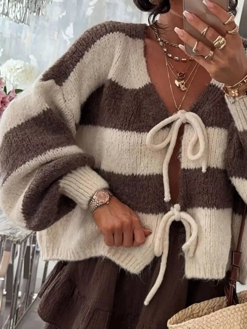 Tie-Front Knit Striped Cardigan