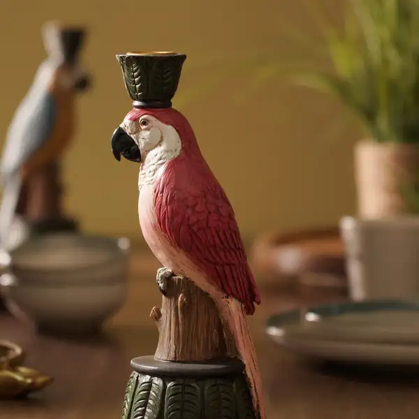 Red Pink Macaw Polyresin Candle Holder