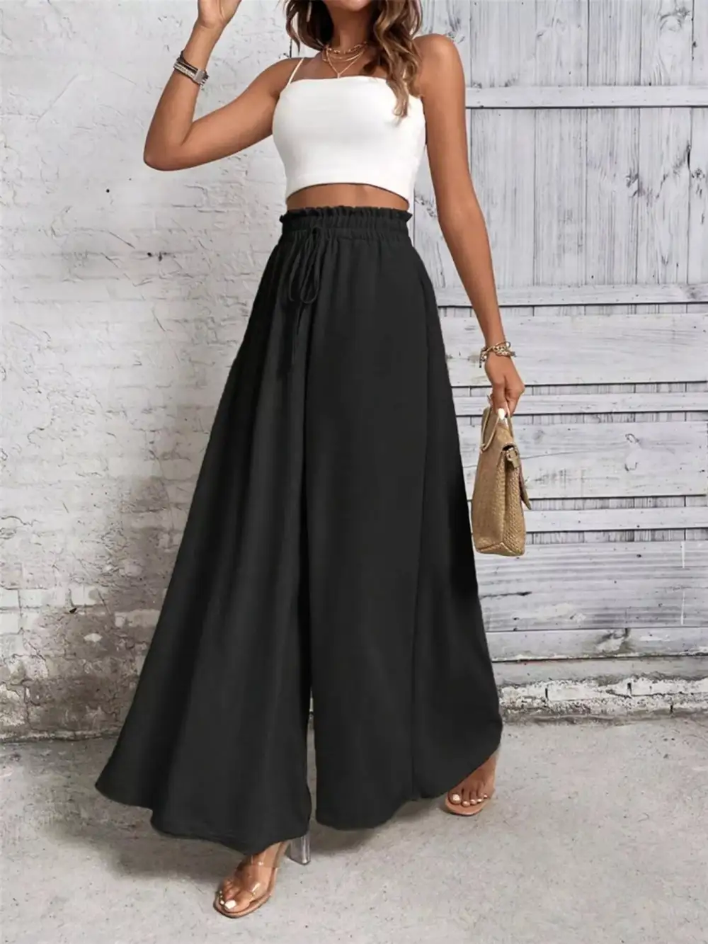 Wide Leg Ruffle Detail Casual Everyday Pants
