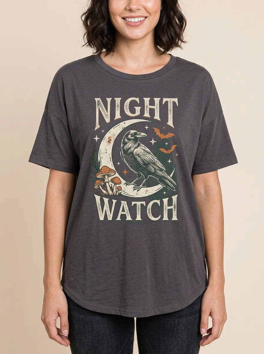 Women's Halloween Gothic Raven Moon Mushroom Printed T-shirt
