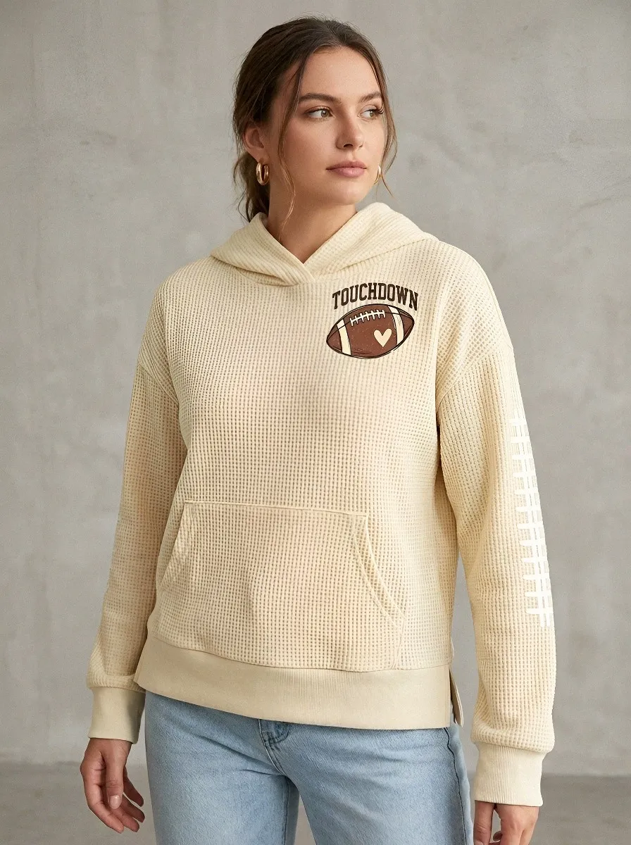 Women's Football Lover Touchdown Heart Printed Waffle Hoodie