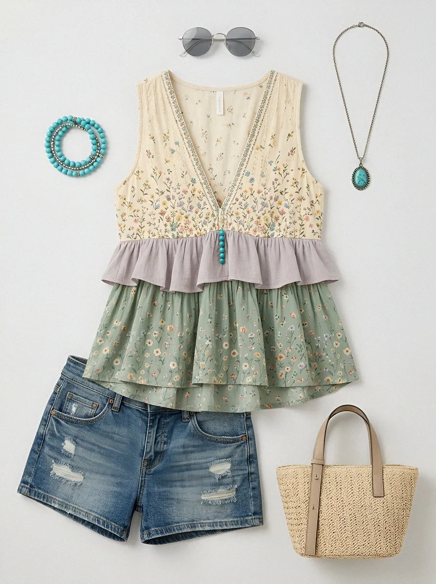 Women's Boho Floral Wildflower Ruffle Printed Short Sleeve Shirt
