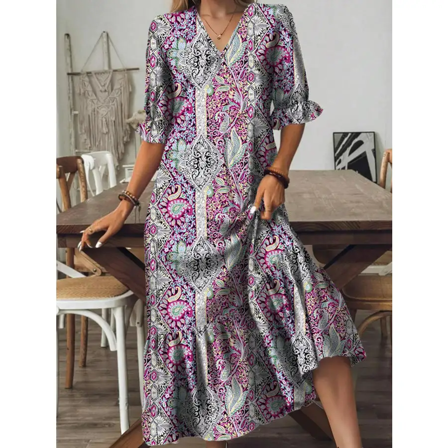 Full Size Bohemian Paisley V-Neck Midi Dress Plus Size
