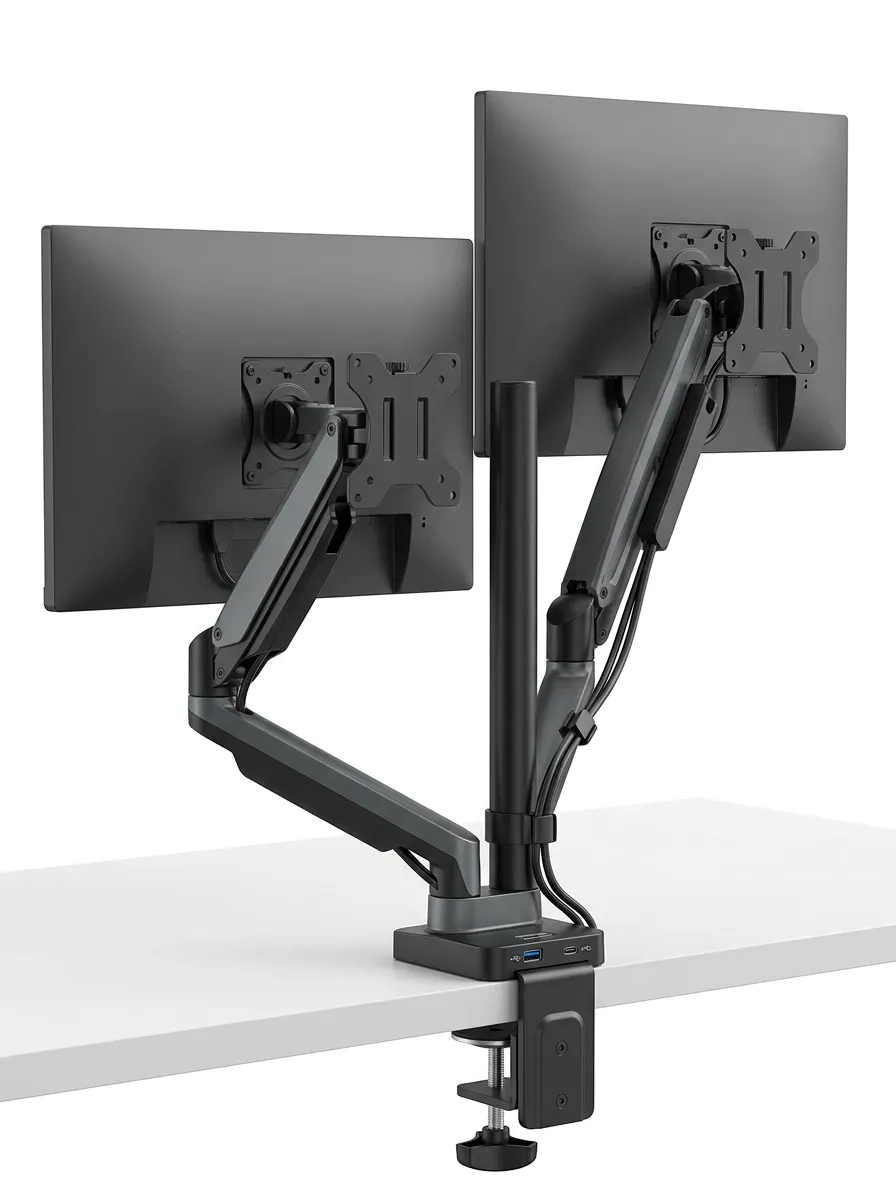 Office Worker Dual Monitor Setup Adjustable Gas Spring Mount
